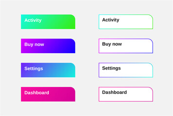 Set of Modern Gradient App, Website page or Game Buttons. Trendy gradient colors. Flat design.