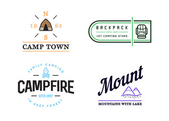 Wilderness Camping logo templates. Sign Design with Elements and Fictitious Sample Text.