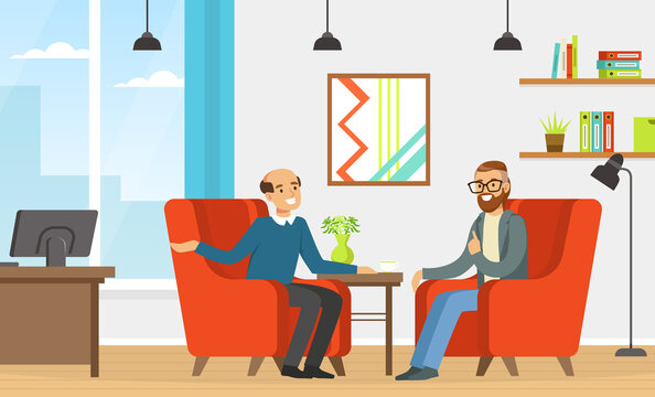 Appointment with Psychologist with Man Having Individual Therapy Vector Illustration