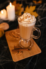 Halloween Latte. Spicy Latte Coffee in Halloween Decorations. Pumpkin, Latte, Halloween, Commercial Content