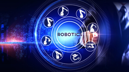 Robotics Icon Rotating wheel Concept
Rotating wheel with icon surrounded by city and world map Center and spoke Concept