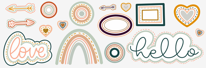Love boho illustration. Romantic boho icons set. Rainbow and love illustration. Hand drawn cartoon pattern