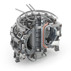 ITER Fusion Reactor. Tokamak. International Thermonuclear Experimental Reactor on white background. Central part cutaway. 3D Render