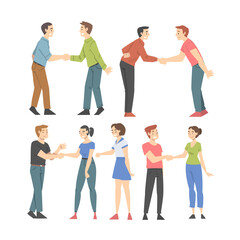 People Character Shaking Hand as Brief Greeting or Parting Tradition Vector Set