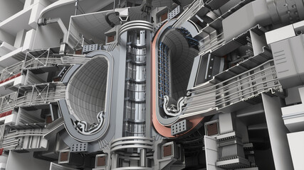 ITER Fusion Reactor. Tokamak. Thermonuclear Experimental power plant. Industrial zone with power station atomic energy production. 3D Render