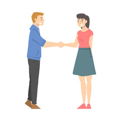 Man and Woman Character Shaking Hand as Brief Greeting or Parting Tradition Vector Illustration