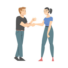 Fototapeta premium Man and Woman Character Shaking Hand as Brief Greeting or Parting Tradition Vector Illustration