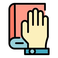 Hand on the bible icon. Outline hand on the bible vector icon color flat isolated