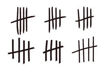 Set tally marks lines or sticks hand drawn isolated on white background. Counting waiting number on wall prison. Grunge stroke. 