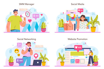 SMM concept set. Social media marketing, advertising of business