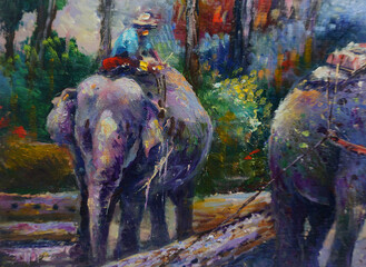 Art painting Oil color Elephant family Thailand , countryside    