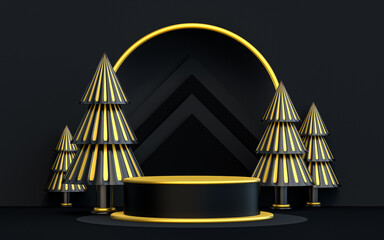 winter merry Christmas luxury durk and gold podium display for product presentation. 3d rendering