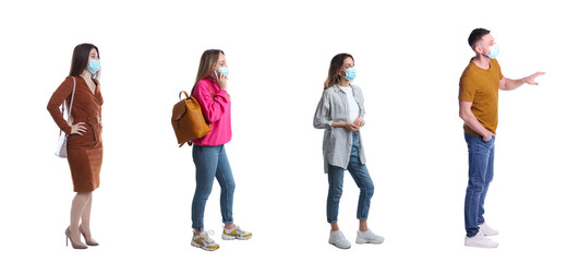 People with protective masks waiting in queue on white background, banner design. Social distancing during Covid-19 pandemic