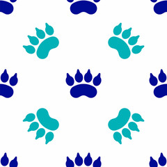 Blue Bear paw footprint icon isolated seamless pattern on white background. Vector