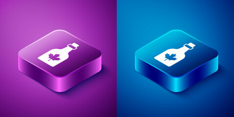 Isometric Bottle of maple syrup icon isolated on blue and purple background. Square button. Vector