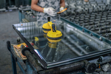Glass treatment of the factory for PVC windows manufacturing.