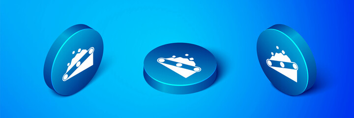 Isometric Conveyor belt carrying coal icon isolated on blue background. Blue circle button. Vector