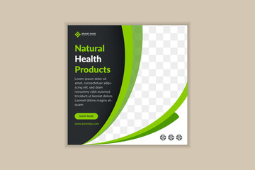 Natural health product social Media Post Template, Editable Post template for medical social media Banners. Space for photo collage. combination black and green colors. Square layout. 