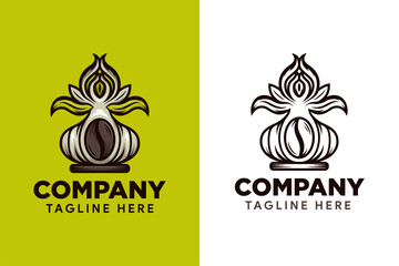 Set of colorful and flat line natural garlic coffee logo design template isolated on greed background