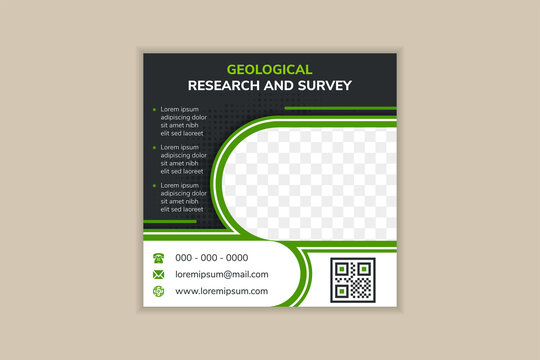 Geological research and survey social Media Post Template, Editable Post template social media Banners. Space for photo collage. combination black and green colors. Square layout. dot halftone pattern