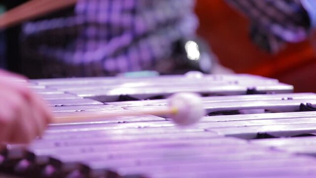 Hands of a musician playing the xylophone close-up.