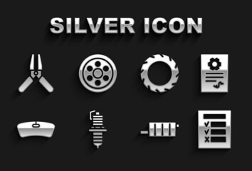 Set Car spark plug, Auto service check automotive, inspection, muffler, Windshield, tire wheel, battery jumper power cable and Alloy icon. Vector