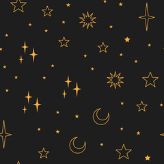 Fototapeta na wymiar Stars seamless pattern with sun, moon. Mystical esoteric background for astrology design. Cosmos and space texture background.