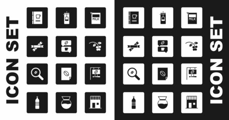 Set Paper package for milk, Coffee and conversation, Sugar stick packets, book, bean, branch, French press, Street signboard coffee and Selection beans icon. Vector