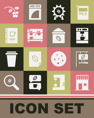 Set Coffee shop, Street signboard coffee, machine, Medal for, book, bean, branch and Bag beans icon. Vector
