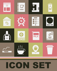 Set Coffee cup to go, book, Electronic scales, machine, Medal for coffee, Bag beans, and menu icon. Vector