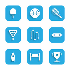Set Jump rope, Volleyball net, Award cup, Skateboard trick, Surfboard, Billiard balls in rack triangle, Tennis racket and Racket for playing table tennis icon. Vector