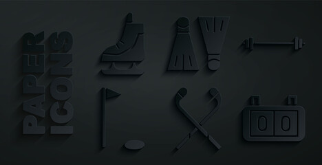 Set Ice hockey sticks, Barbell, Golf flag, Sport mechanical scoreboard, Rubber flippers for swimming and Skates icon. Vector © Kostiantyn