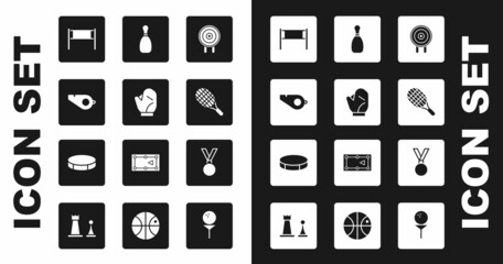 Set Target sport, Baseball glove, Whistle, Volleyball net, Tennis racket, Bowling pin, Medal and Hockey puck icon. Vector