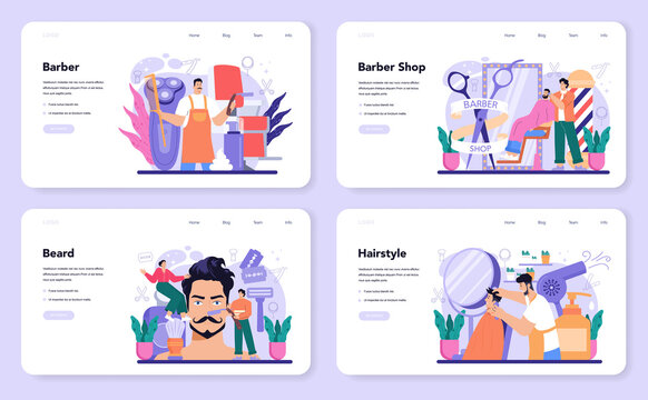 Barber web banner or landing page set. Idea of hair and beard care