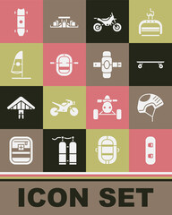 Set Snowboard, Helmet, Longboard or skateboard, Mountain bike, Rafting boat, Windsurfing, and Knee pads icon. Vector