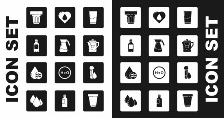 Set Glass with water, Jug glass, Bottle of, Water jug filter, Heart drop, Test tube and Recycle clean aqua icon. Vector