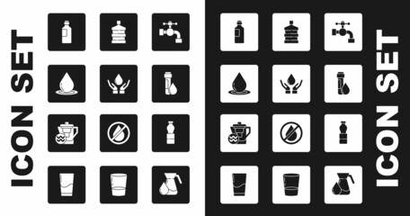 Set Water tap, Washing hands with soap, drop, Bottle of water, Test tube, Big bottle clean, and jug filter icon. Vector