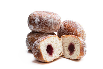 Tasty freshly baked doughnut with jam filling isolated on white background