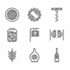 Set Street signboard with Bar, Bottle of cognac or brandy, Champagne bottle, Saloon door, Hop, Pickled cucumbers in jar, Wine corkscrew and Alcohol 21 plus icon. Vector