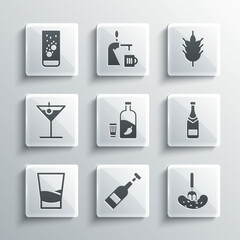 Set Opened bottle of wine, Pickled cucumber on a fork, Champagne, Vodka with pepper and glass, Glass vodka, Martini, Effervescent tablets water and Hop icon. Vector