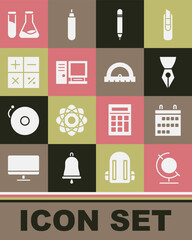 Set Earth globe, Calendar, Fountain pen nib, Pencil with eraser, Computer monitor, Calculator, Test tube and flask and Protractor icon. Vector