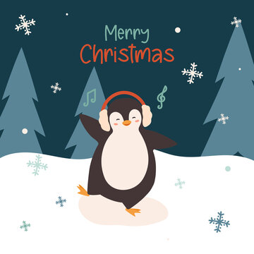 Christmas Cute Dancing Penguin listening to music with headphones. Vector illustration in flat style