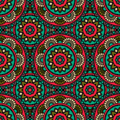 Abstract seamless mandala background. Texture in red and turquoise colors. Oriental pattern for design, fashion print, scrapbooking