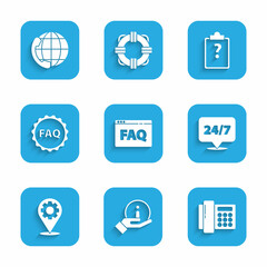 Set Browser FAQ, Information, Telephone, Clock 24 hours, Location with gear, Label text, Clipboard question marks and support icon. Vector
