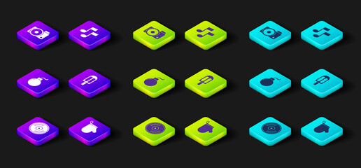 Set Vinyl disk, Oven glove, Bomb ready to explode, Ice cream, Music note, tone and Photo camera icon. Vector