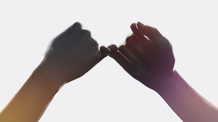 3D illustration of a close-up of hands teasing each other's little fingers in white space. Promising gesture.