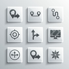 Set Location, Wind rose, Monitor with location marker, Road traffic sign, Target sport, house and Route icon. Vector