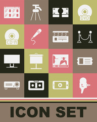 Set Retro cinema camera, Cinema ticket, Rope barrier, Stacks paper money cash, Microphone, CD or DVD disk, Online play video and Movie clapper icon. Vector