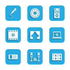 Set Curtain, Home stereo with two speakers, Online play video, Cinema ticket, Play Video, Remote control and Microphone icon. Vector