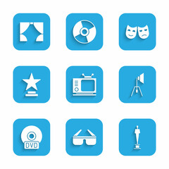 Set Retro tv, 3D cinema glasses, Movie trophy, spotlight, CD or DVD disk, Comedy and tragedy masks and Curtain icon. Vector